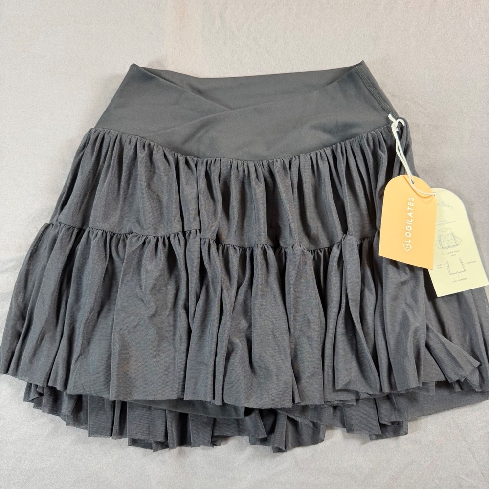 Blogilates Ballerina Skort Black Tiered Mesh Crossover Waist Pockets Small F2035